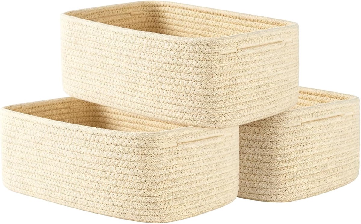 Katoenen touw, opbergmanden, set van 3 met handgrepen, opvouwbaar, stapelbaar, van veilig natuurlijk materiaal, voor badkamer, kinderkamer en woonkamer, beige