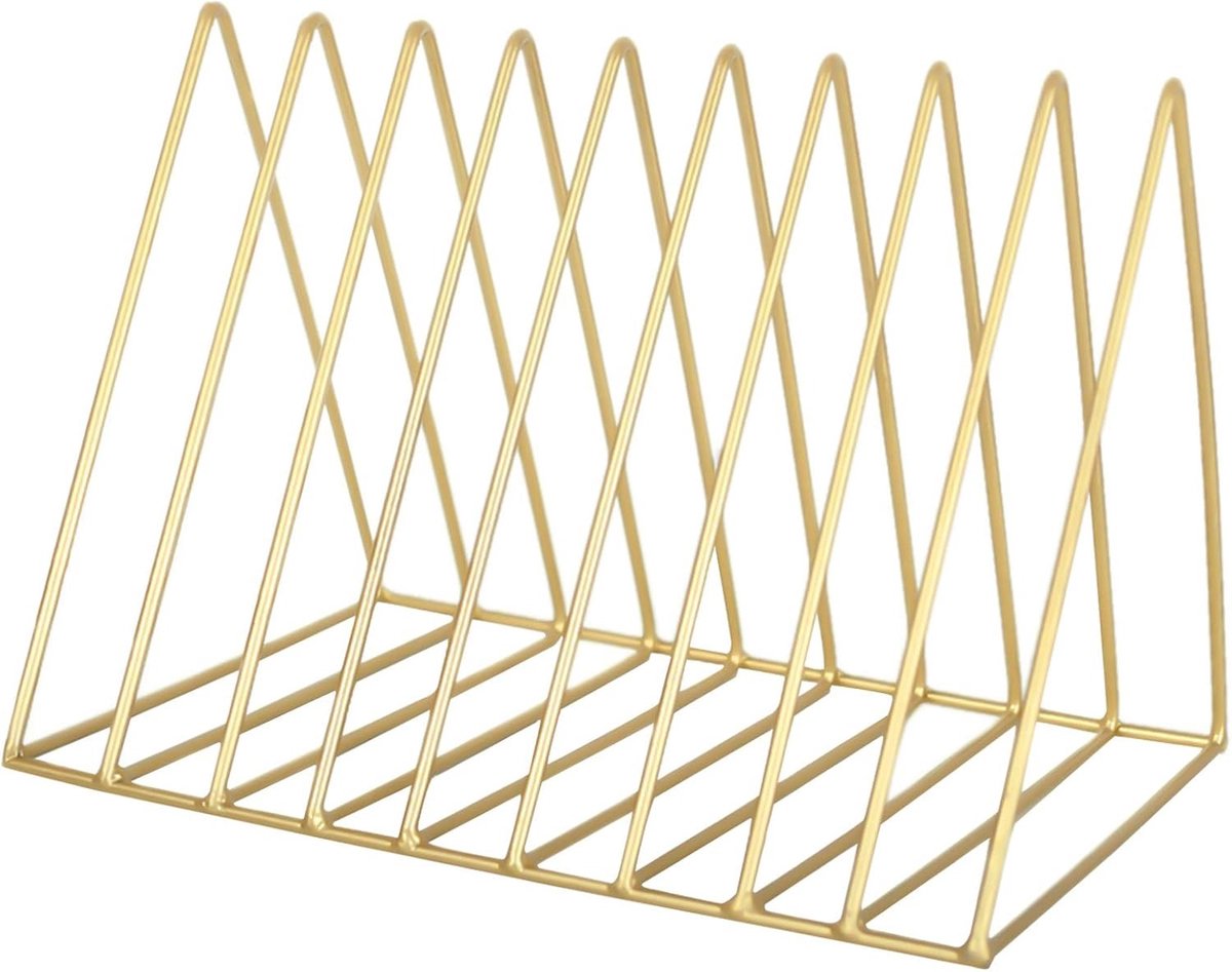 Desktop Tijdschrift Houder met 9 Slots, Triangel Boekhouder Organizer van Metaal, Multifunctionele Bureau Organizer voor Documenten, Kranten en CD's in Goud