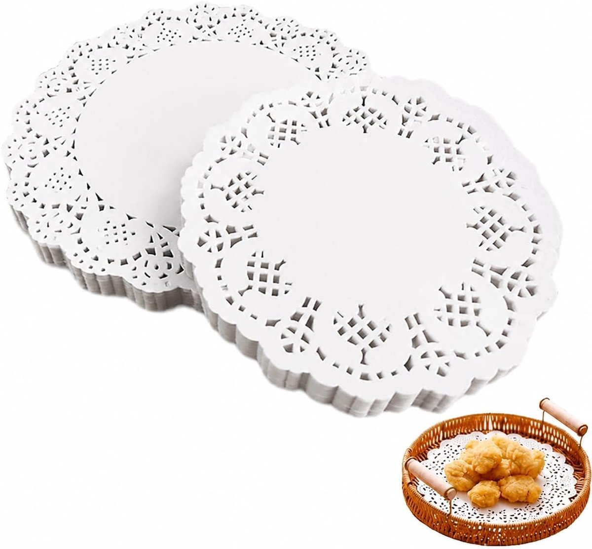 100-delige Cake Doilies Set, 8,5 cm Diameter, Voedselveilig Olieabsorberend Papier met Elegant Kantpatroon, Ideaal voor Taarten, Gebak, Cupcakes en Feestdecoratie