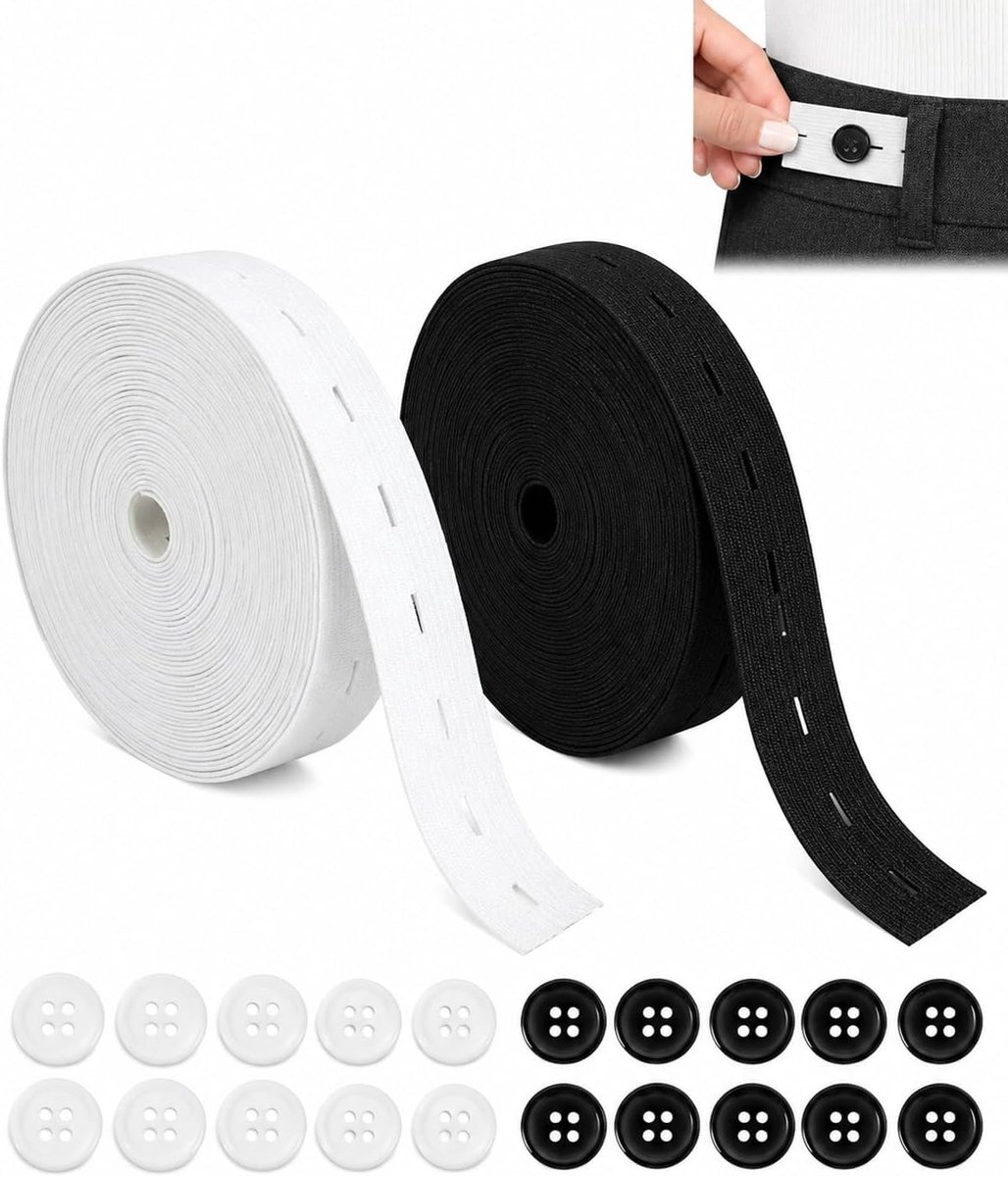 Elastisch naaielastiek, 10 m, zwart en wit, 15 mm breed, met knoopsgat en 20 knopen, ideaal voor tailleaanpassing, broeken en textielreparaties, rokken en kinderkleding om zelf te maken, 2