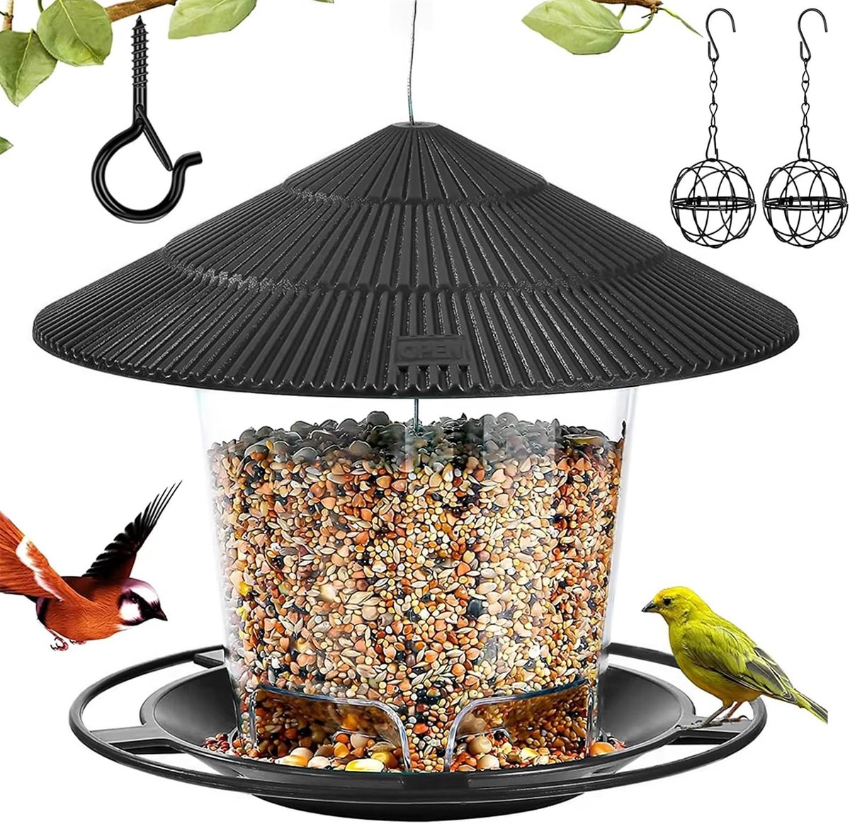 Vogelvoederstation, hangend vogelvoederstation voor tuin, 16,5 cm, weerbestendig dak, wilde vogelvoederbak om op te hangen, 5 voedergaten, vogelvoederhuis met haken
