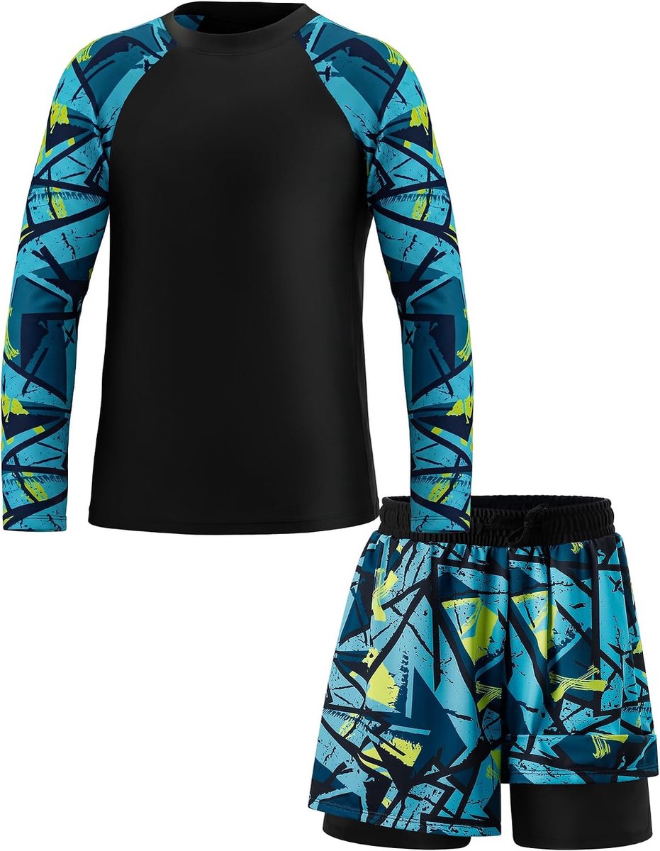 2-delige zwemset voor jongens, lange mouwen, rashguard + dubbellaagse zwemshorts, uv-zwempak voor 110-164 (5-16 jaar) | 5-16 jaar, 2-delige set, zonwering, sneldrogend, ademend, zwembad, strand, vakantie, zomeractiviteiten