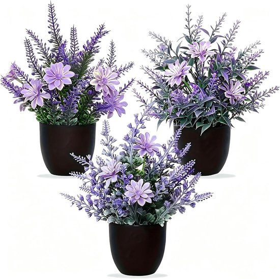 Set van 3 kunstlavendel kunstbloemen in pot, kunstplant klein als echt met decoratieve pot, onderhoudsvrije planten voor tafeldecoratie, binnen, buiten, woonkamer, badkamer, balkon, kantoor