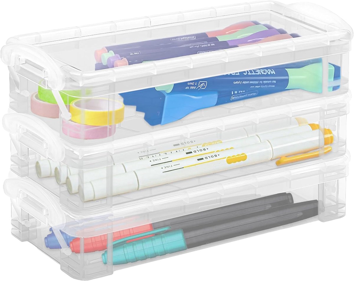 Potlooddoos 3 stuks - stapelbare plastic etui - doorzichtige organizer - ideale opslag voor kantoorbenodigdheden - ShopVlot