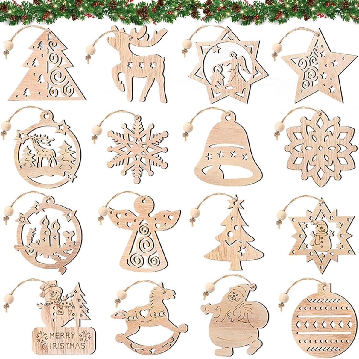 DHER 16 stuks houten kersthangers, kerstboomversiering, houten hangers - ShopVlot