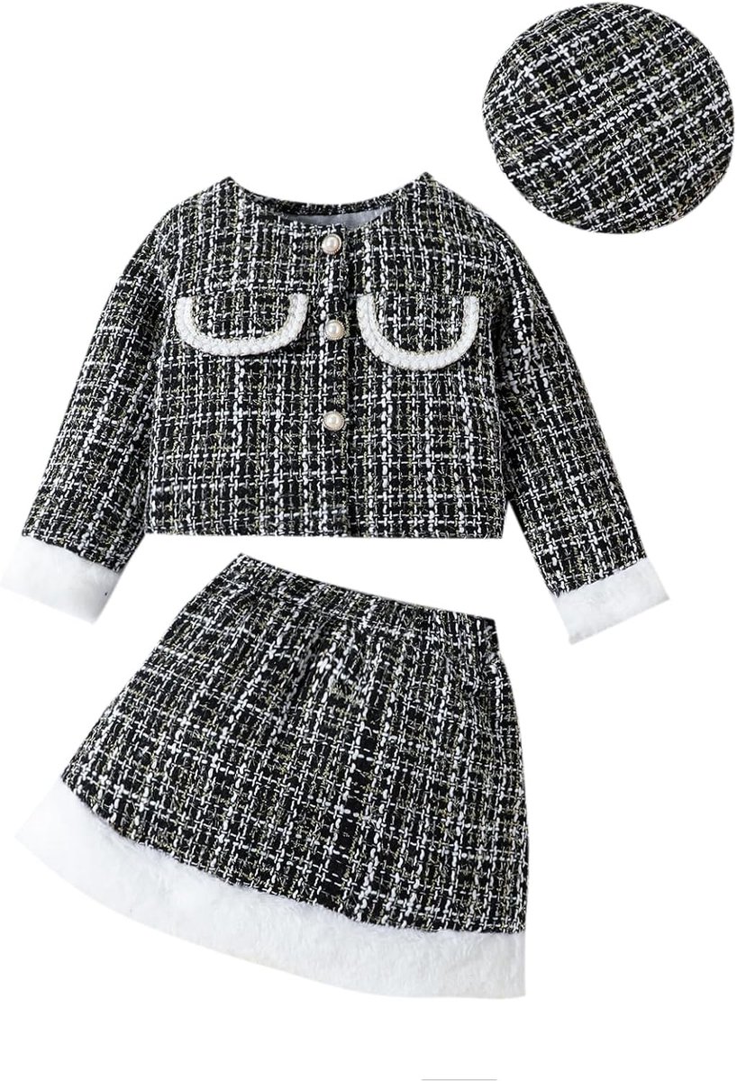 Babykleding voor meisjes, herfstkleding, plaid tweed patroon, top, plaid, rok, baret voor baby's