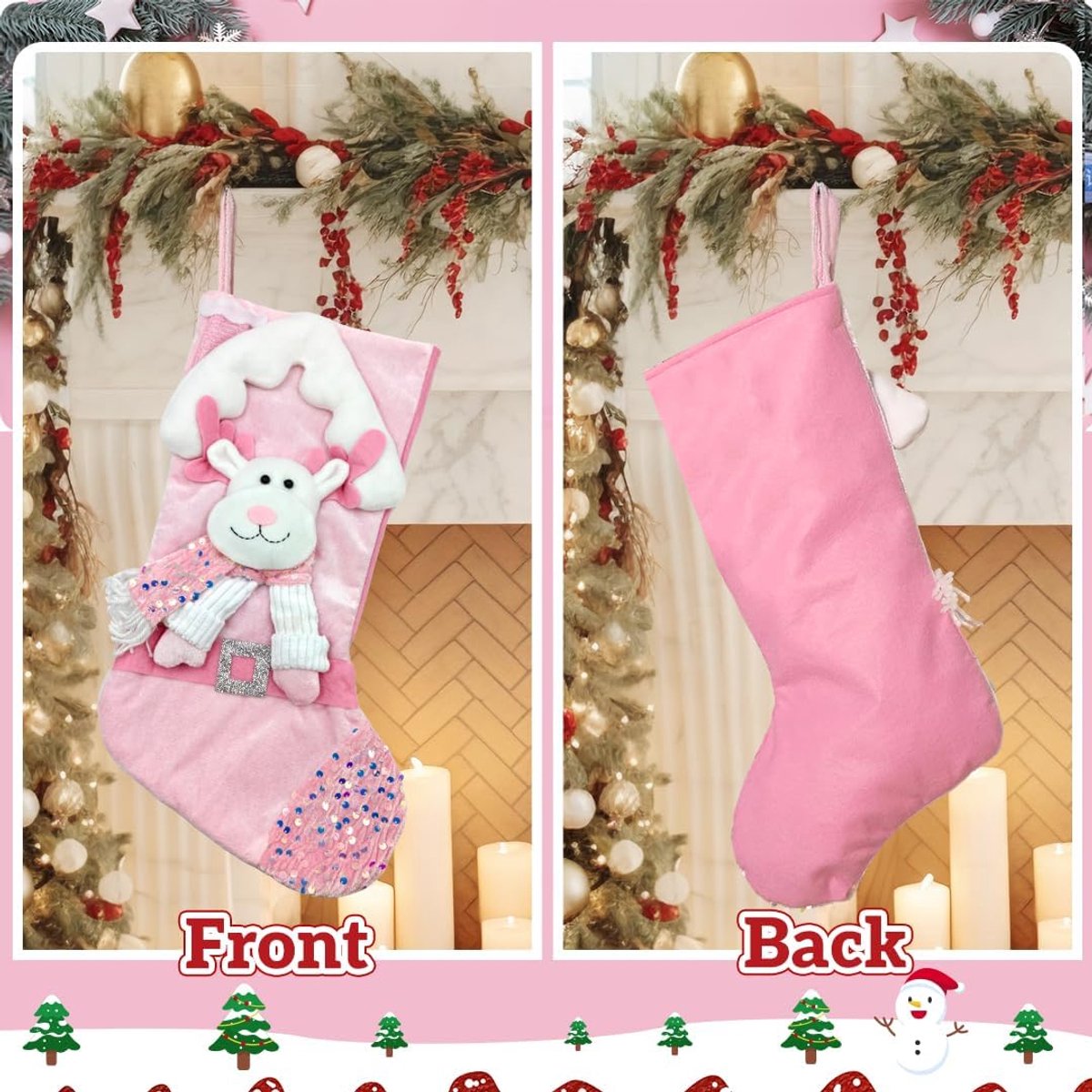 17 Inch Roze Grote 3D Kerstman Opknoping Sok met Glitter Decor, voor Open Haard Kerst Decoratie Herbruikbare Gift Bag (Rendier)