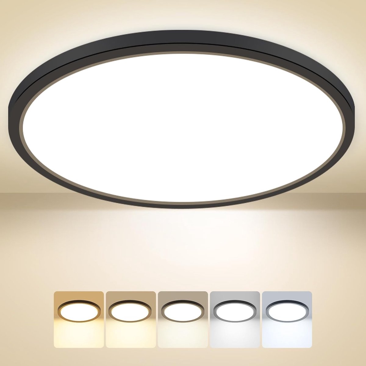Plafondlamp, led-plafondlamp, plat, 5 kleuren, 3000/3500/4000/5000/6500 K, waterdichte badkamerlamp, plafond, 24 W, moderne ronde lamp voor badkamer, hal, slaapkamer, kelder, woonkamer, 33 x