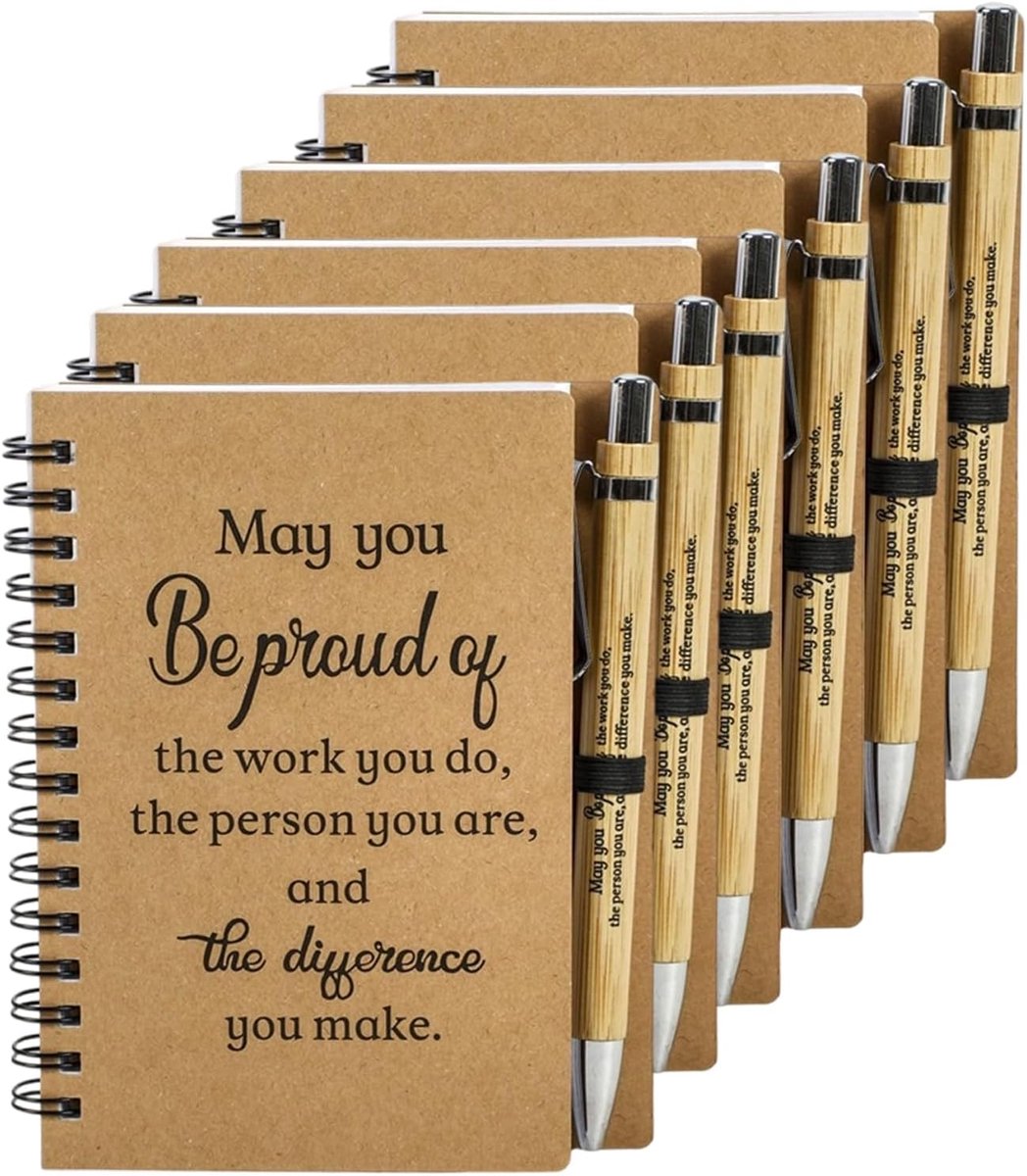 Cadeauset voor collega's, 6 stuks, 6 A6-notitieboeken met spiraal en 6 balpennen, persoonlijk afscheid of motivatiecadeau met inspirerende boodschap voor team, voor collega