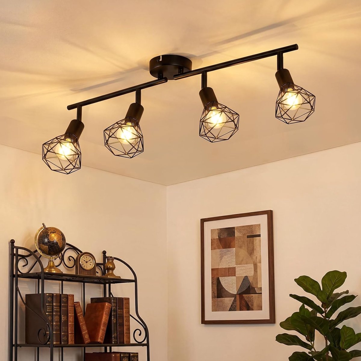 Plafondlamp, 4 spots, draaibaar, zwart, retrolamp, plafondlamp, E14