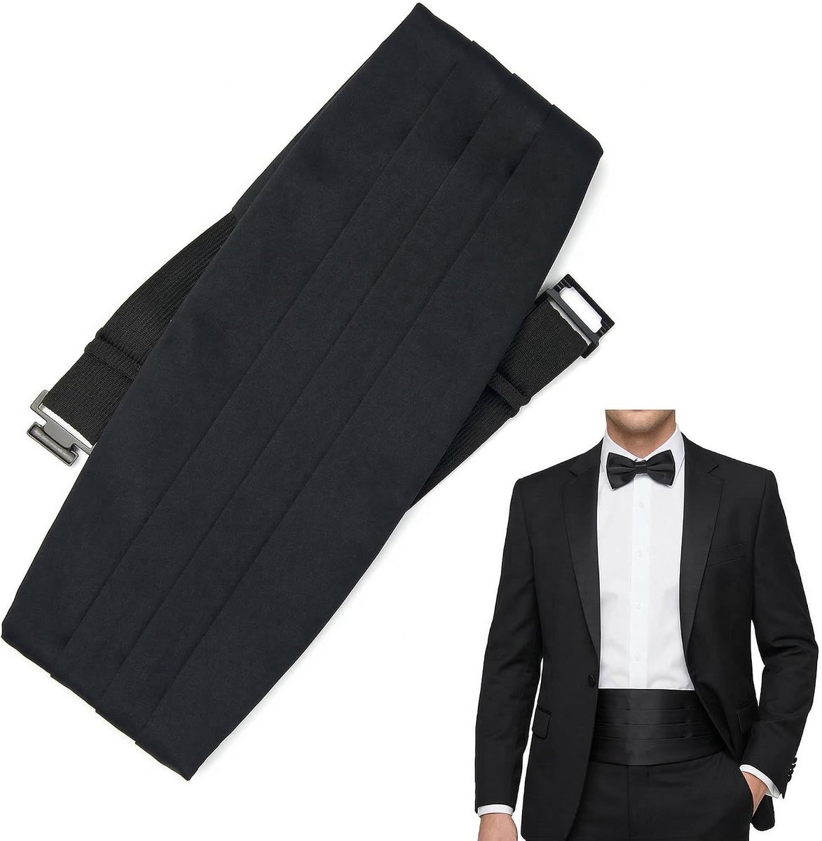 Smokingriem voor heren van zwart satijn, verstelbaar tot 122 cm tailleomtrek, 4-laags, klassiek, elegant en geraffineerd, ideaal accessoire voor smoking, gala en formele evenementen