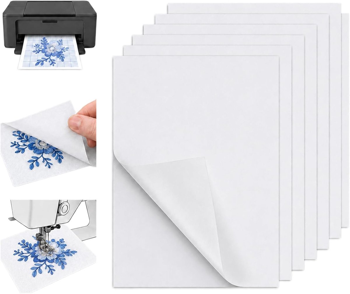 6 stuks borduurvlies, in water oplosbaar, zelfklevend, A4 (29,7 x 21 cm), bedrukbaar borduurpapier voor het afdrukken of tekenen van patronen, ideaal voor nauwkeurig hand- en machinaal