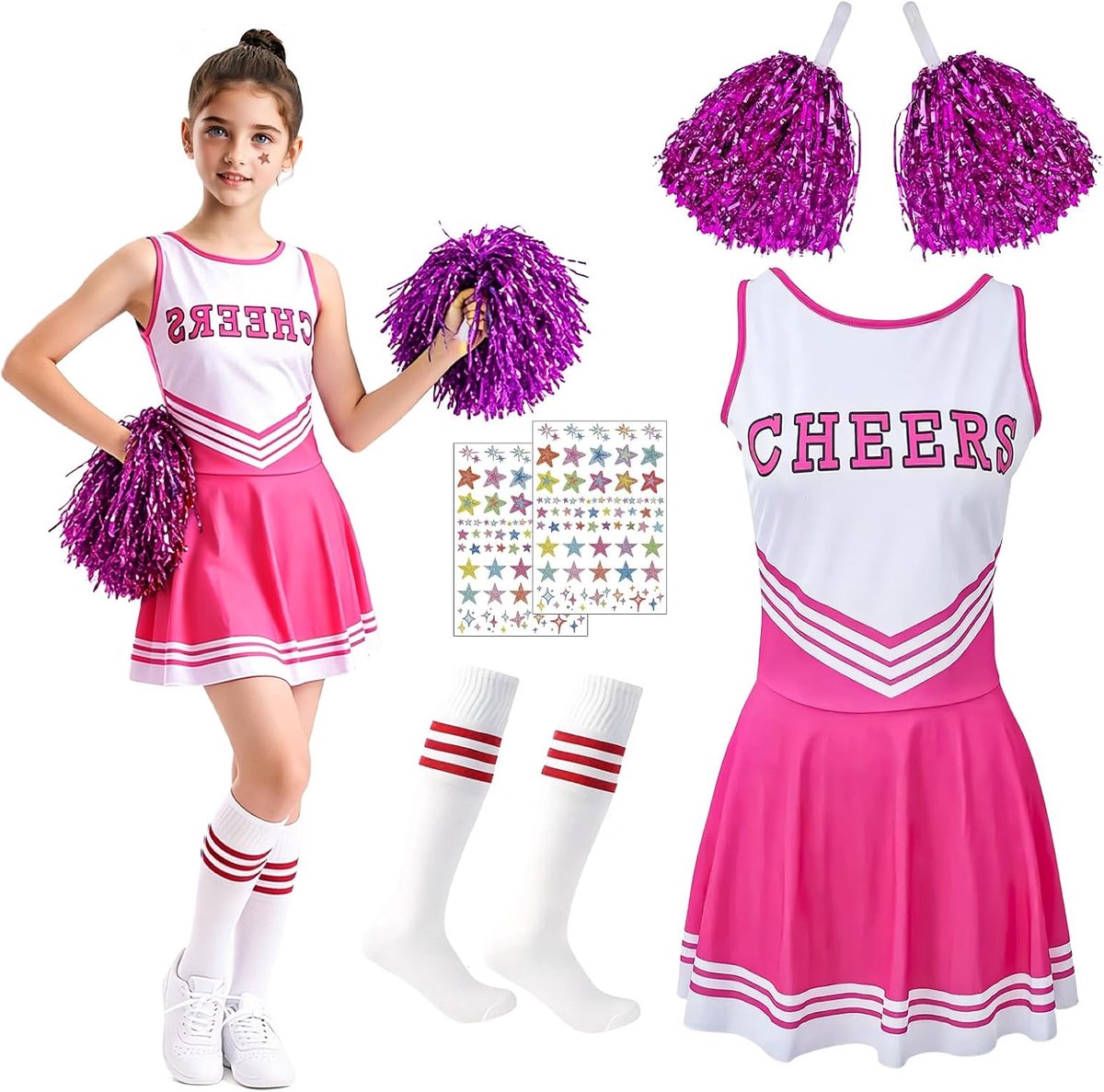 Cheerleaderkostuum voor kinderen, cheerleadering-outfit, kinderkostuum cheerleader met rok, pompons, sokken, 2 stickers, cheerleading-uniform voor carnaval, Halloween, carnaval, cosplay