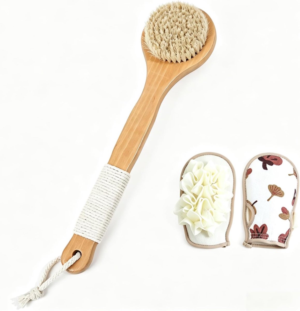 Rugborstel van hout met ronde kop, 32 x 8 cm, paardenhaarharen en katoenen handvat, plus 2-in-1 washandje en douchespons, voor peeling, massage en lichaamsverzorging, voor dames en heren