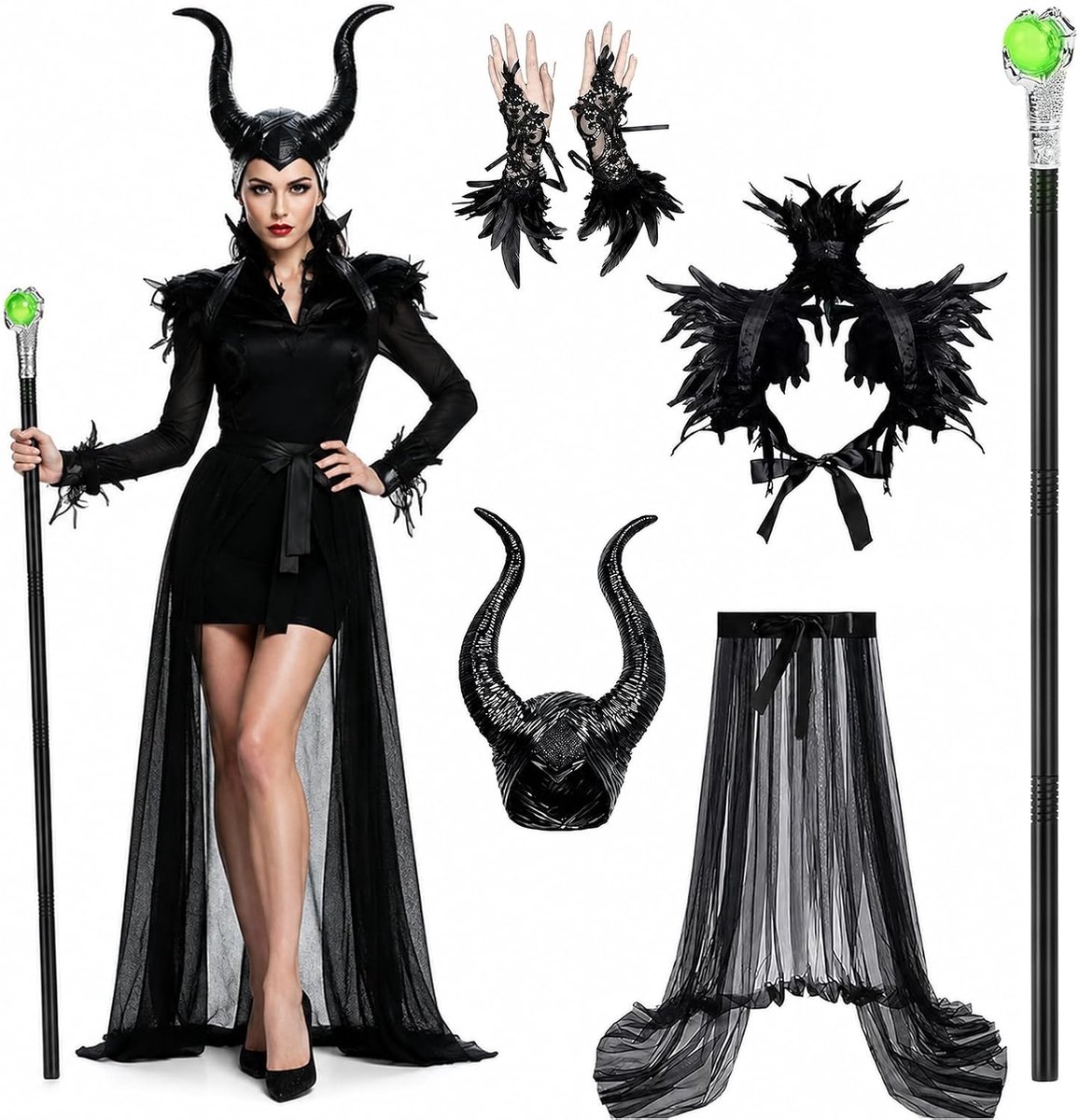Kostuum voor meisjes, boze koningin, jurk met hoorns hoofdtooi en zwarte vleugelcape, mouwloze boze heksenjurk, duivelshoornkostuum voor Halloween, carnaval, cosplay, themafeest