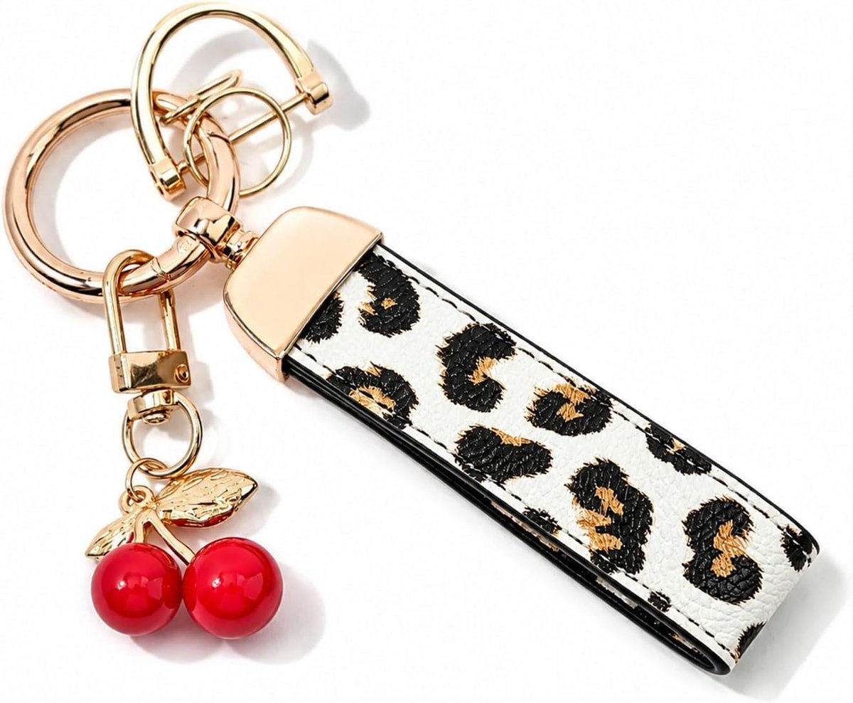Kers Sleutelhanger Polsbandje, Leren Autosleutelhanger, Schattige Tashanger, Sleutelringhouder met Ringen, Cadeau voor Dames