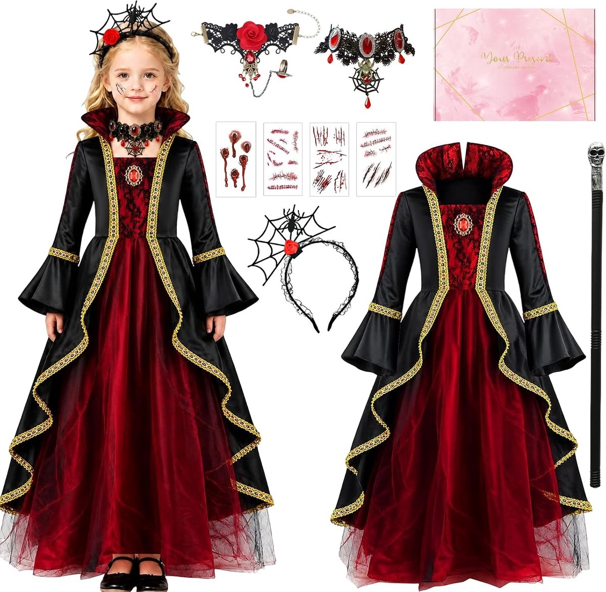 Vampierkostuum voor meisjes, Halloween-kostuum voor kinderen, met