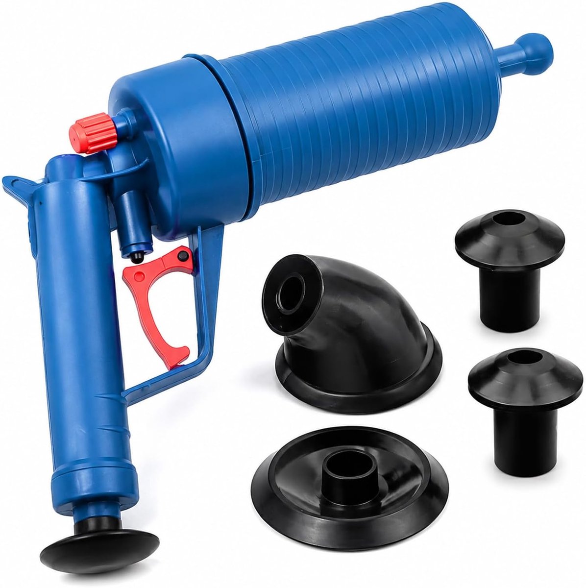 Buisreiniger met 4 rubberen adapters, zonder chemicaliën, perslucht, afvoerreiniger, keuken, voor verstopte afvoeren, badkamer en keuken