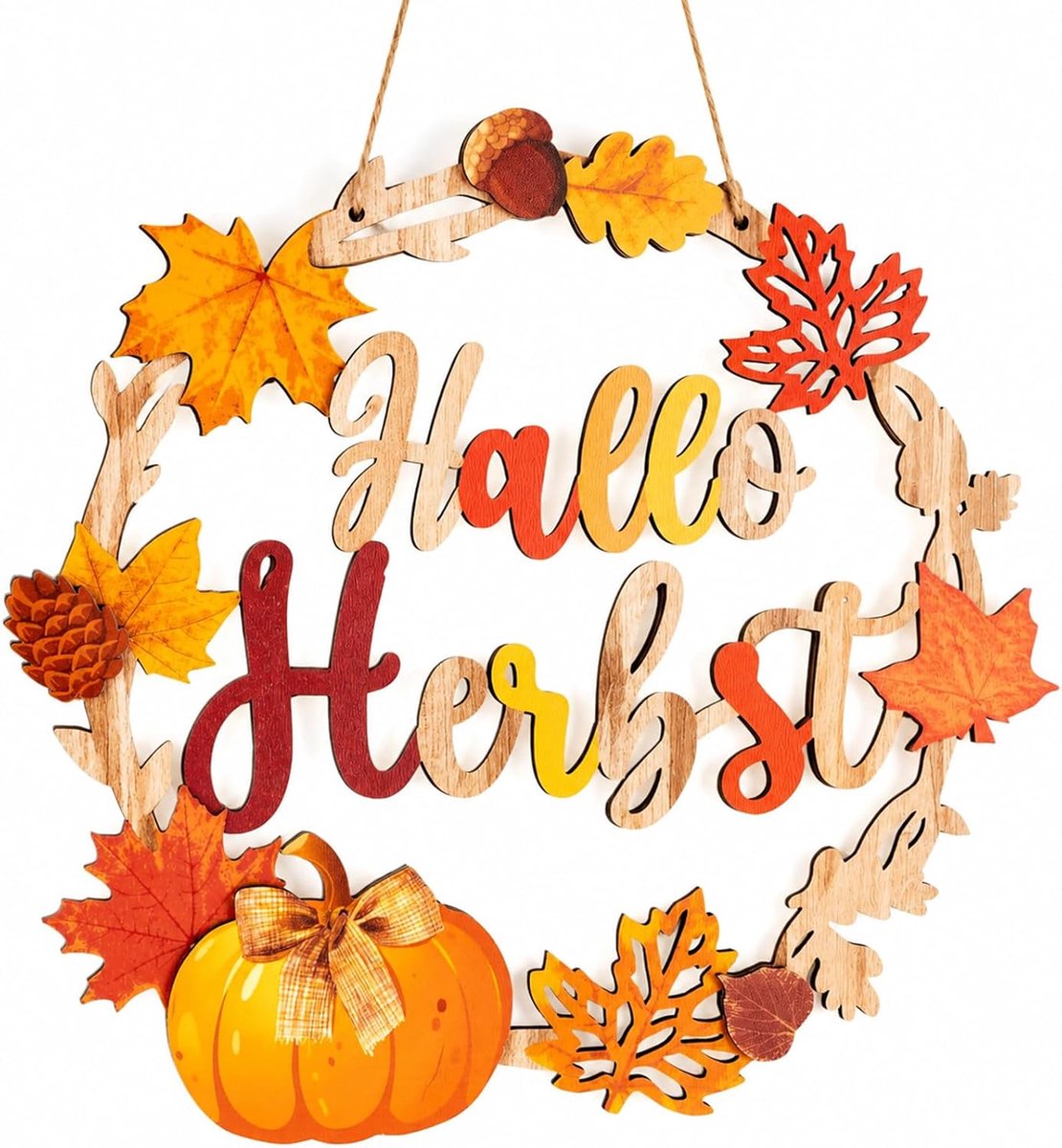 Deurhanger, Hartelijk Welkom bord met pompoen en herfstbladeren in formaat 30×30cm, Herfstdecoratie voor voordeuren, wandvlakken en Thanksgiving decoratie