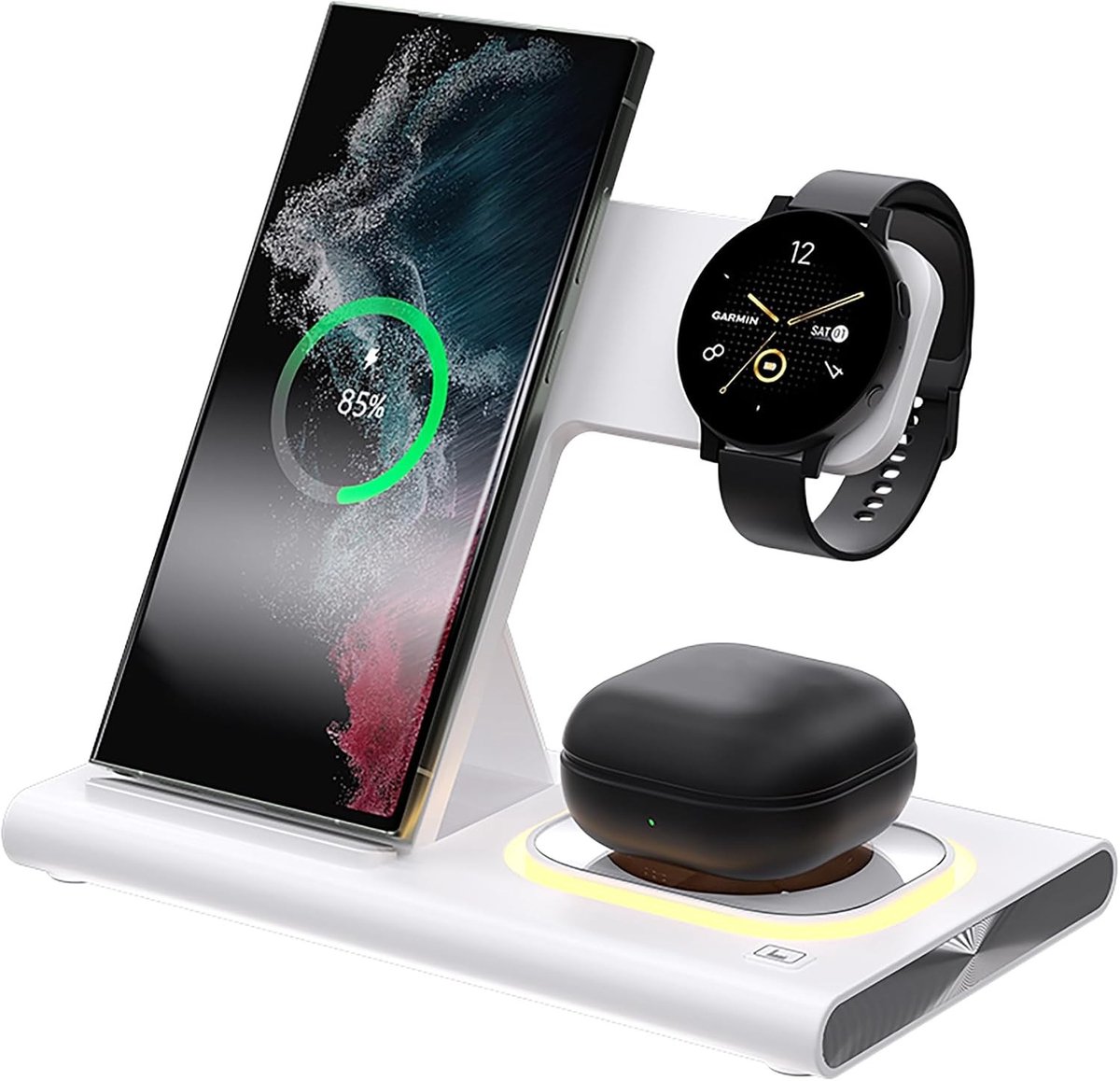 Draadloze 3-in-1 Oplaadstation voor Smartphones, Meerdere Apparaten en LED Verlichting, Vouwbare Stand voor Galaxy en Android Telefoons