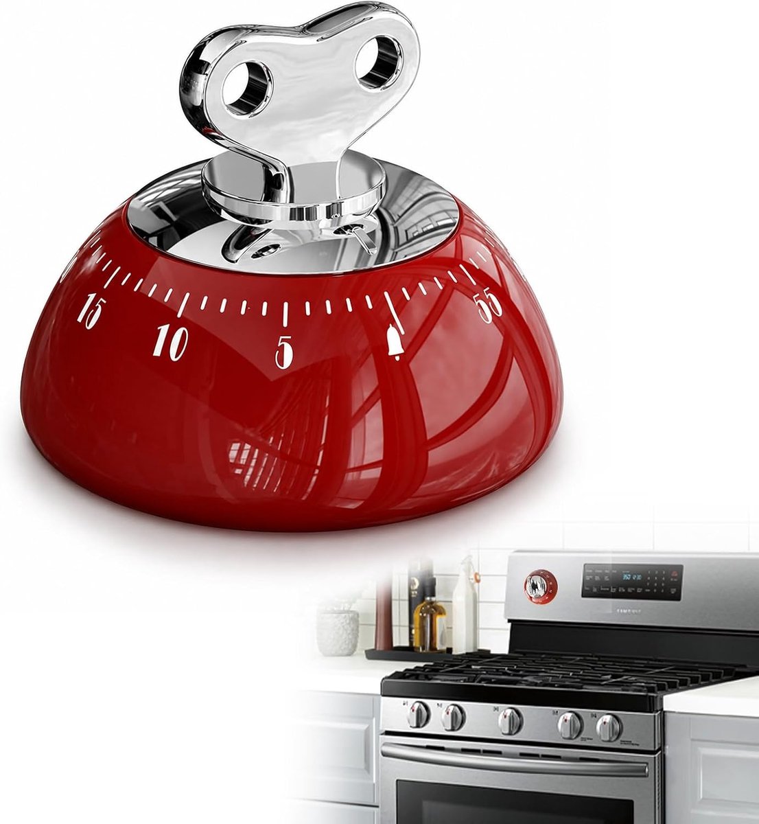 Eierwekker, mechanische keukenwekker rood, luid alarm en magnetische achterkant, batterijloos uurwerk, ideaal voor koken, bakken, kantoor en studie, decoratieve tijdbeheerhulp