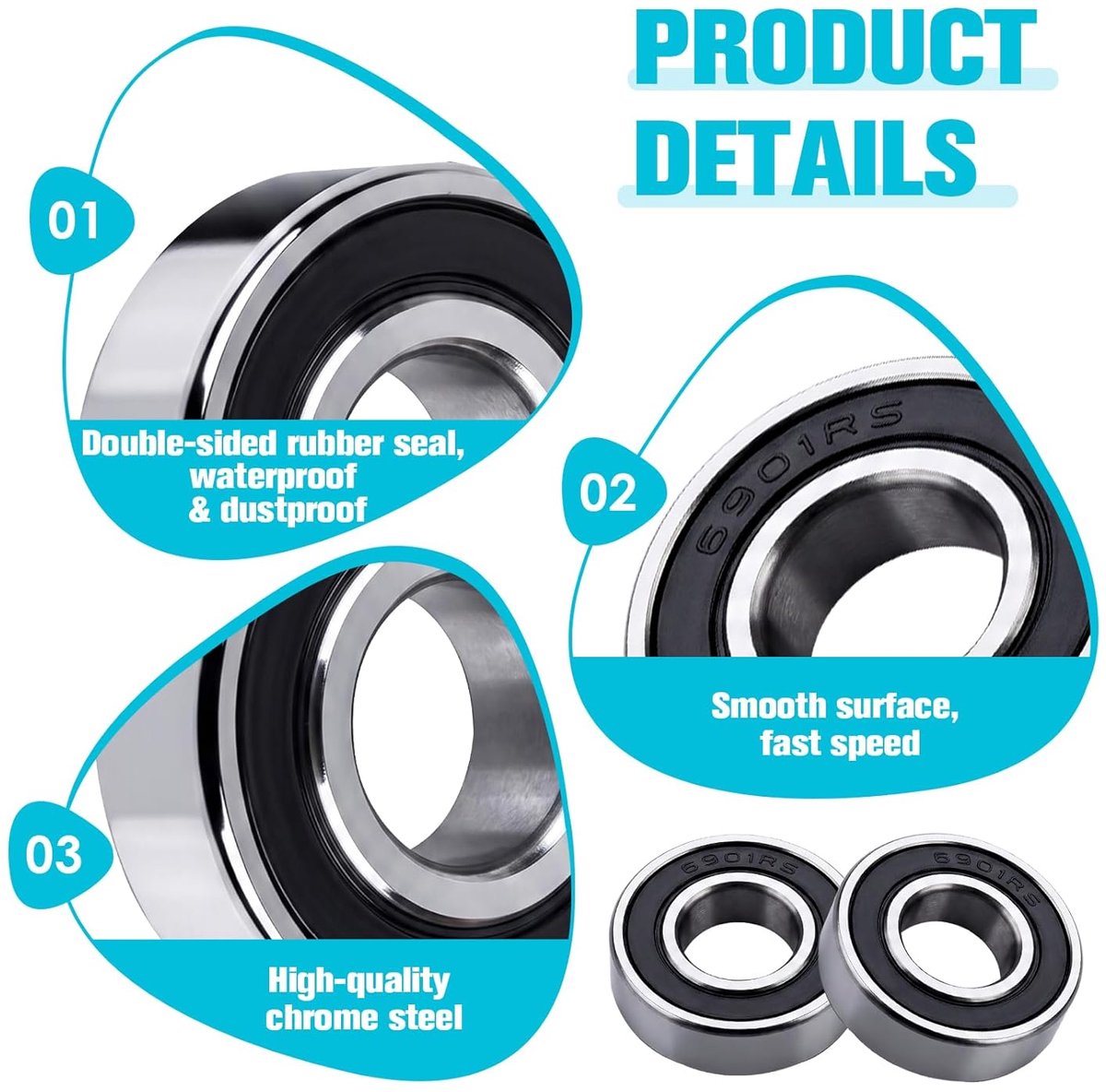 Pack of 10 6901 2RS Bearing Steel Groove Ball Bearings, Size 12 x 24 x 6 mm, Double Shielded for Use in DIY, Lathes - ShopVlot