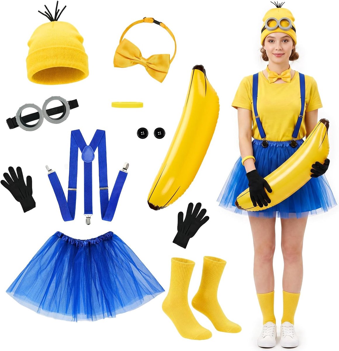 Kostuumset, carnavalskostuum met tutu-rok, muts, bril, handschoenen, vlinderdas, sokken, armband voor Halloween, verjaardag, feest