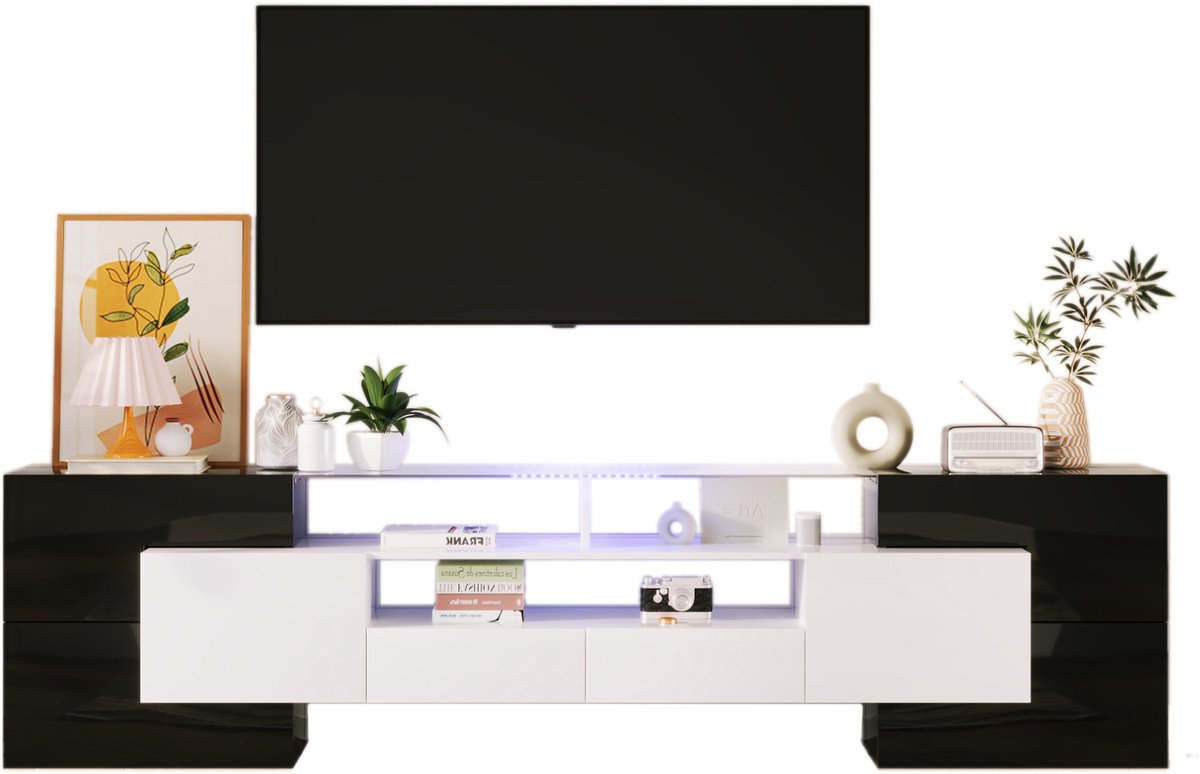 WUVRIE TV-meubel 200x35x60 cm - 4 deuren, 2 lades en LED-verlichting - Zwart/wit