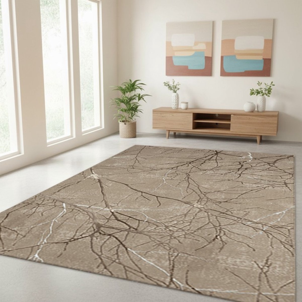 TapisTrend Designer tapijt Beige 140x200 cm Modern vloerkleed met ineengestrengelde takken en een marmerlook, geschikt voor de woonkamer, slaapkamer en eetkamer