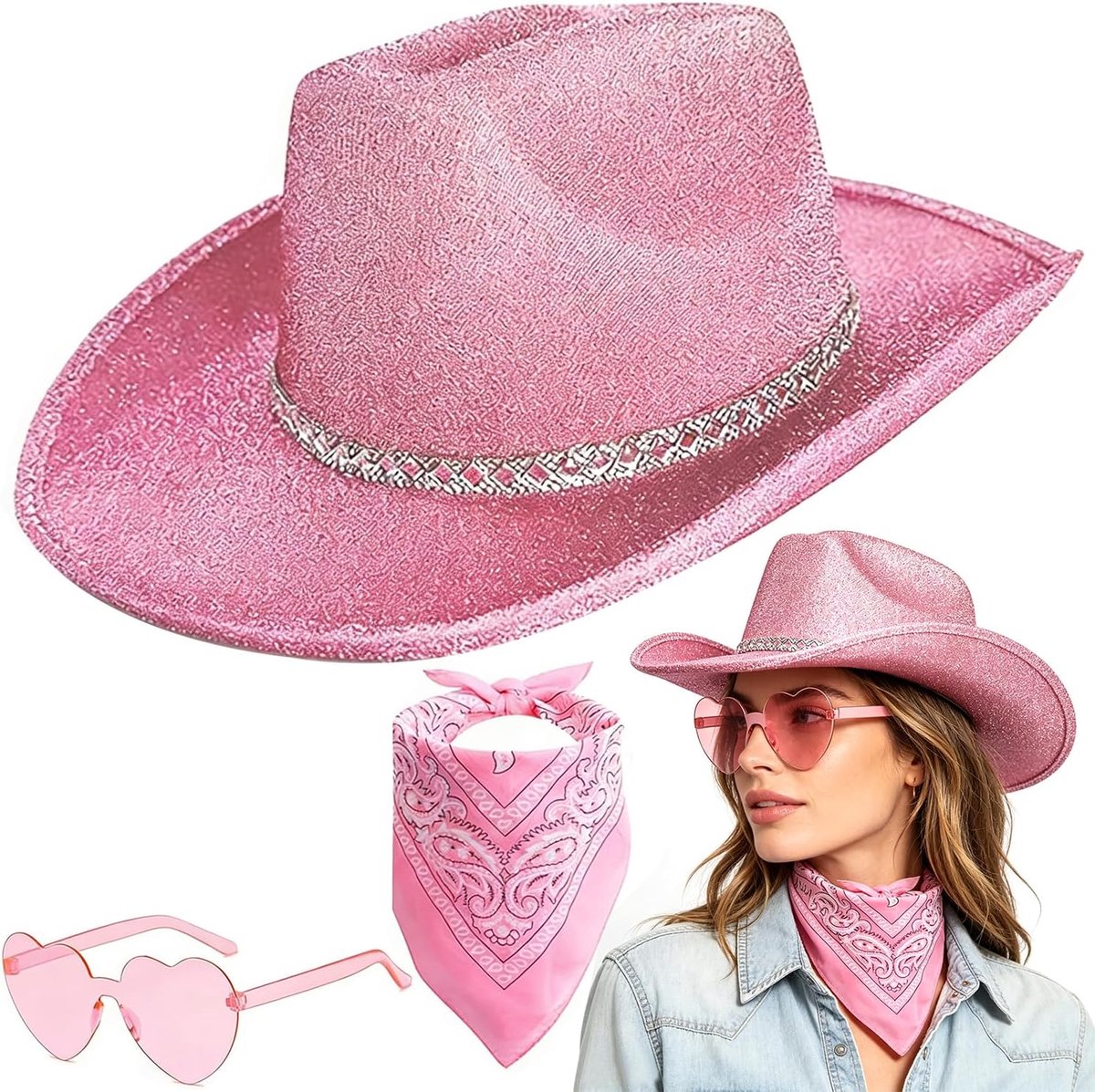 Cowboyhoed voor dames, westerse cowgirlhoed met bandana-sjaal en hartvormige zonnebril, cowboyhoed, westernhoed, kostuumaccessoires voor Halloween, cosplay, feest, donkerbruin, roze