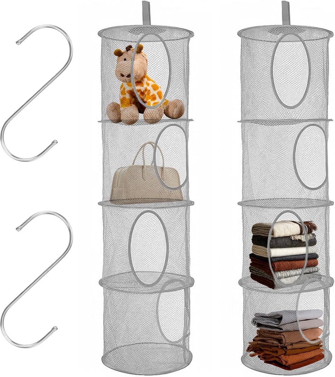 Hangrek, mesh, 2 stuks, hangend net, knuffeldier, opslag, 4-traps opvouwbare hangopslag, hangende opbergmand voor kinderen, voor kleine kleding (grijs)