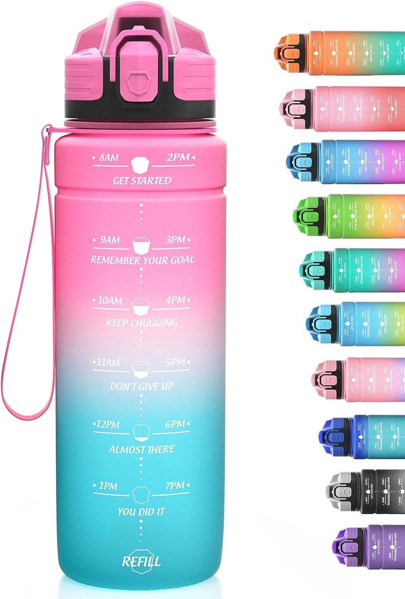 Waterfles met tijdmarkering, sportwaterflessen 1,5 l, 1 l, 700 ml, 500 ml kinderwaterfles, lekvrije BPA-vrije Tritan drinkfles voor school, sportschool en sport, fietsen
