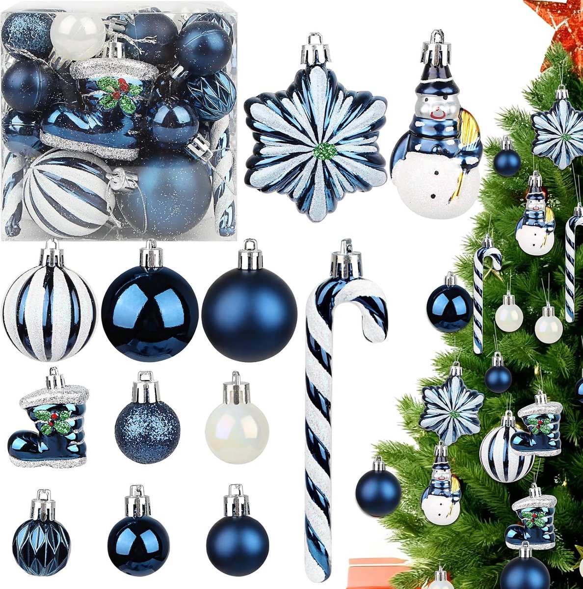 Kerstballen, 34 stuks, kunststof kerstballen, blauw, kerstdecoratie, 13/8/6/3 cm, onbreekbare plastic ballen, kerstboomversiering, kerstdecoratie (blauw)