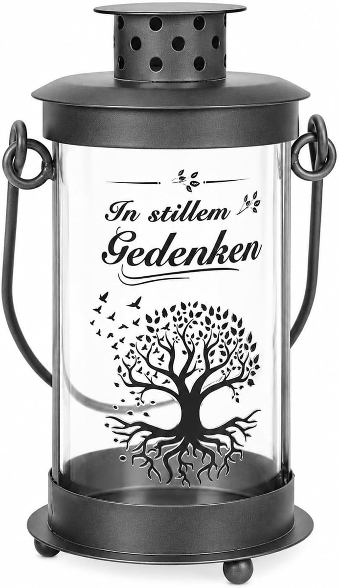 Gravenlantaarn met draaghandvat, 17 cm hoge graflicht van zwart metaal voor buitengebruik en herdenking