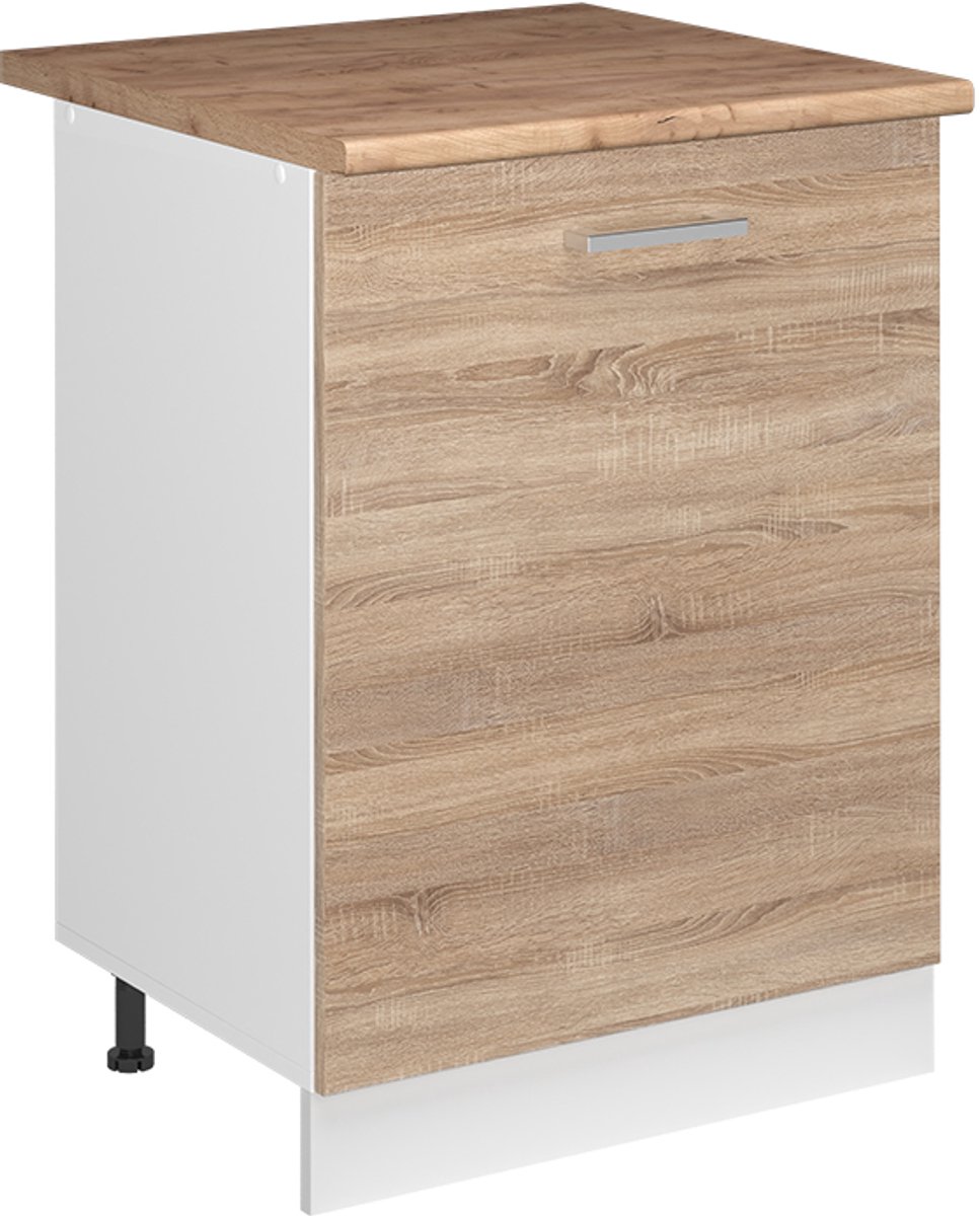 Vicco Keukenonderkast R-Line, Sonoma/Wit, 60 cm met 1 deur goudkleurig eiken werkblad