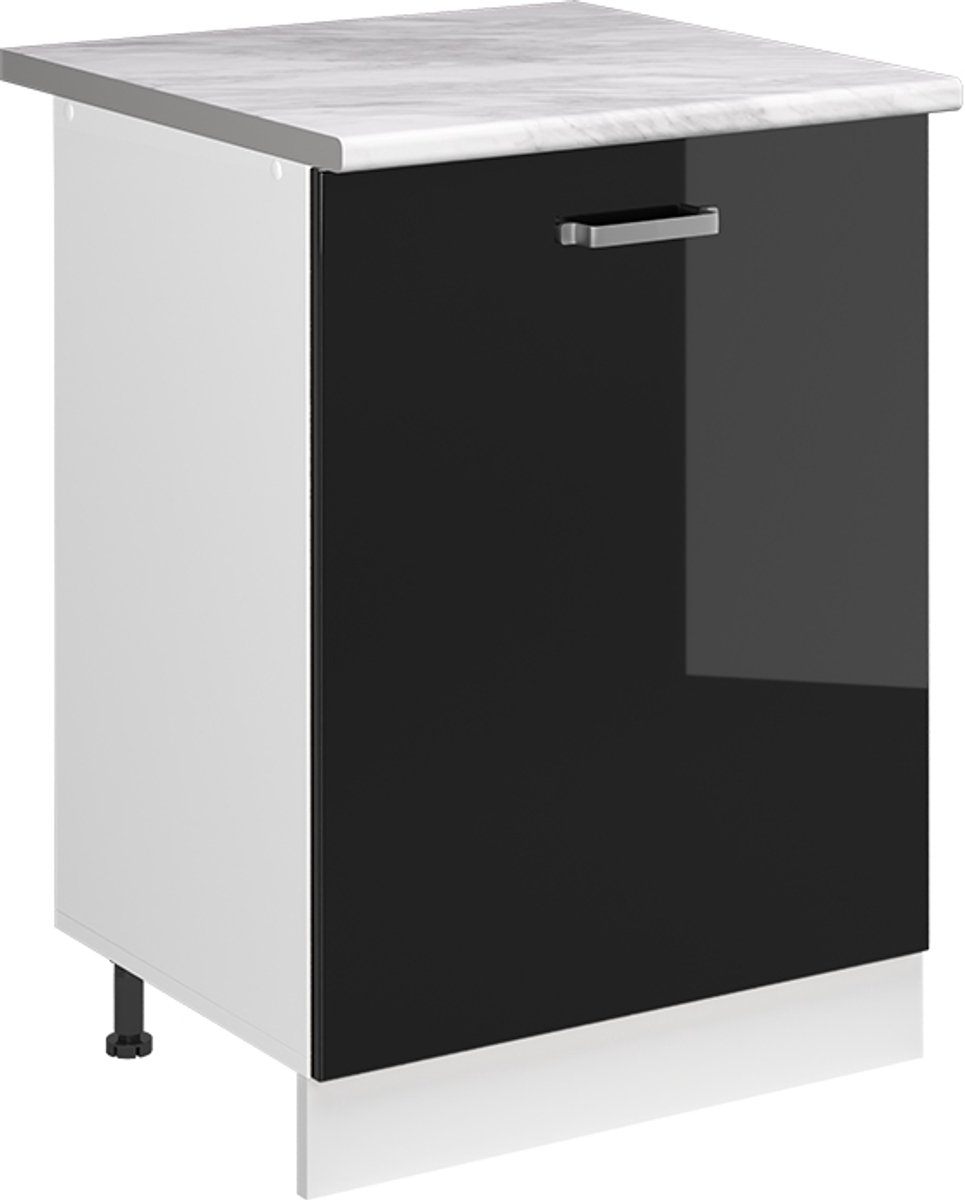 Vicco Keukenonderkast R-Line, Zwart hoogglans/Wit, 60 cm met 1 deur marmer werkblad