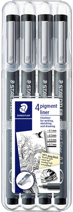 Set de 4 stylos à pointe fine noire Staedtler pigment liner avec différentes épaisseurs de trait : 0.1mm, 0.3mm, 0.5mm et 0.7mm dans un emballage transparent.