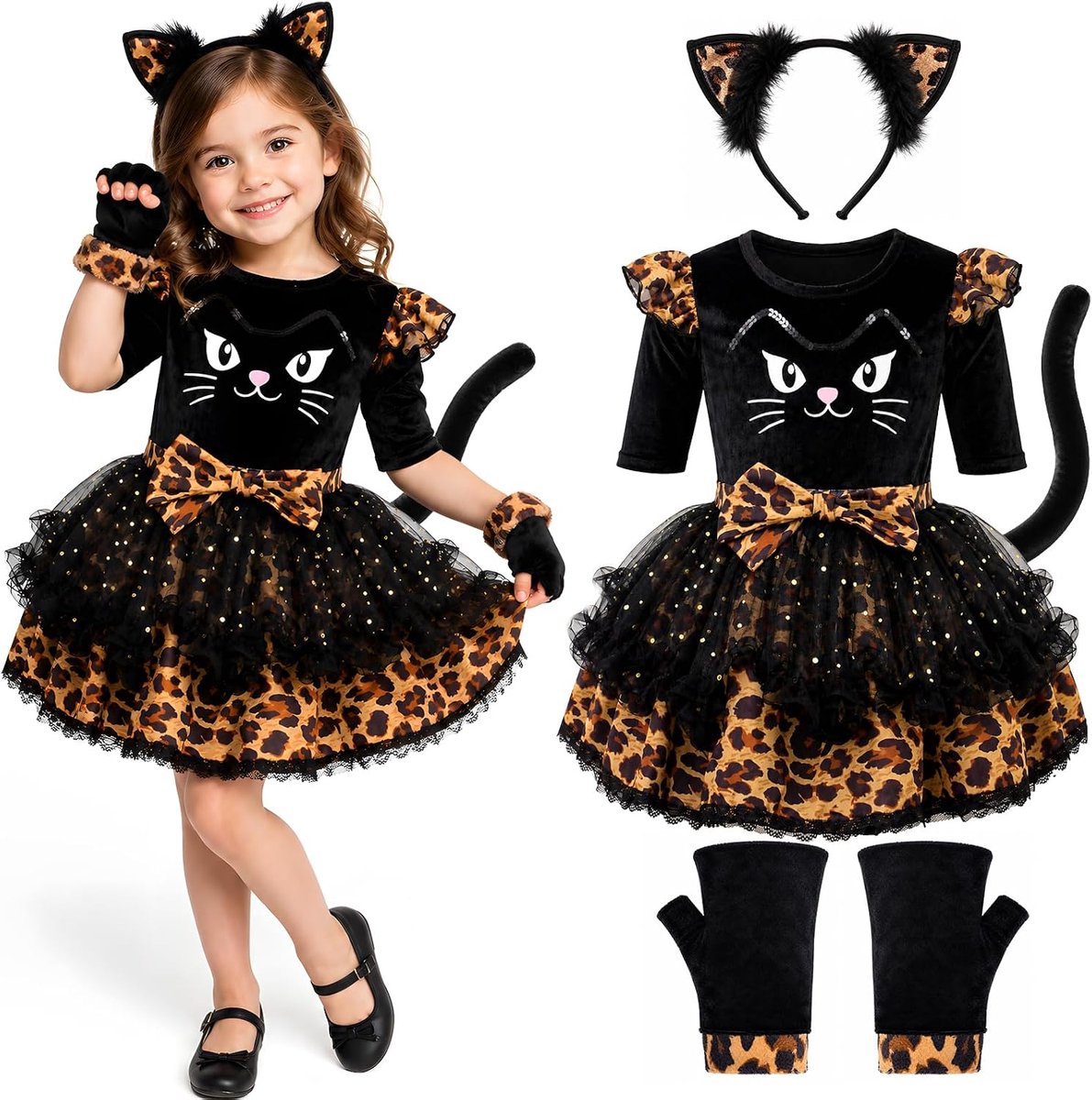 Kattenjurk voor meisjes, kattenkostuum, 3-8 jaar, voor Halloween, carnaval