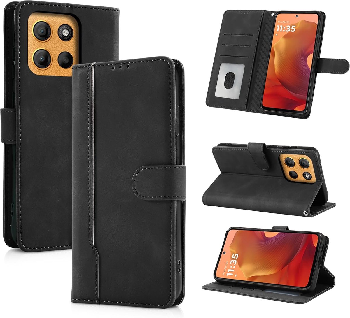 Beschermhoes voor Motorola Moto G15, premium PU-lederen beschermhoes, klaphoes, leer, met magneetsluiting, standfunctie, zwart