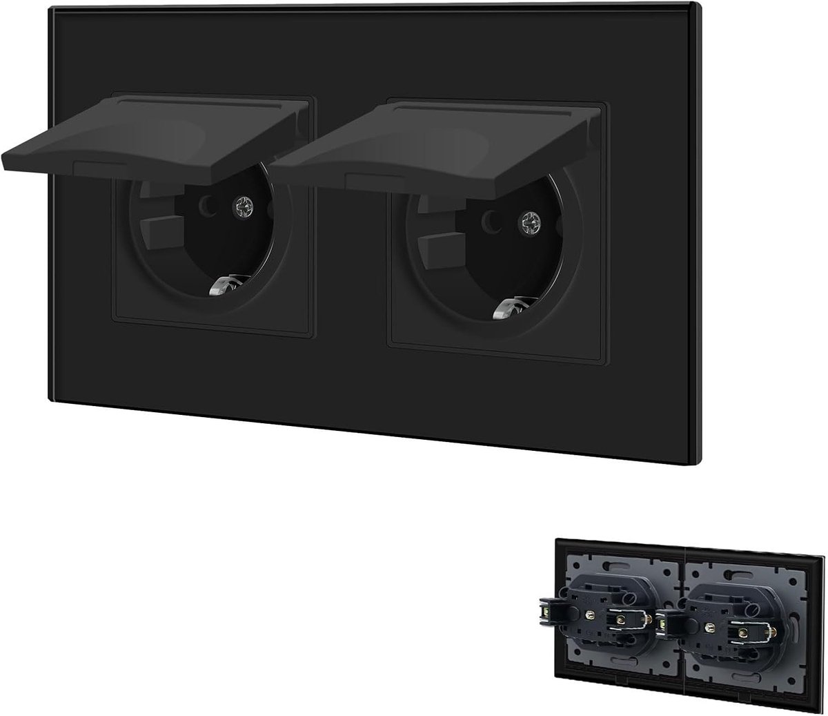 BSEED Double Socket with Waterproof Cover, Schuko with Plug Clamp, Undermount with Crystal Glass Plate, Recessed 16Amp - ShopVlot