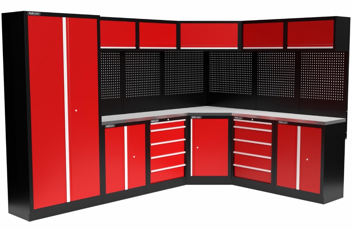 Kraftmeister werkplaatsinrichting - Werkbank met 5 wandkasten, 1 werkplaatskast en RVS werkblad - Werktafel met 8 laden, 3 opbergkasten en gereedschapswand - Complete set voor werkplaats of garage - Rood