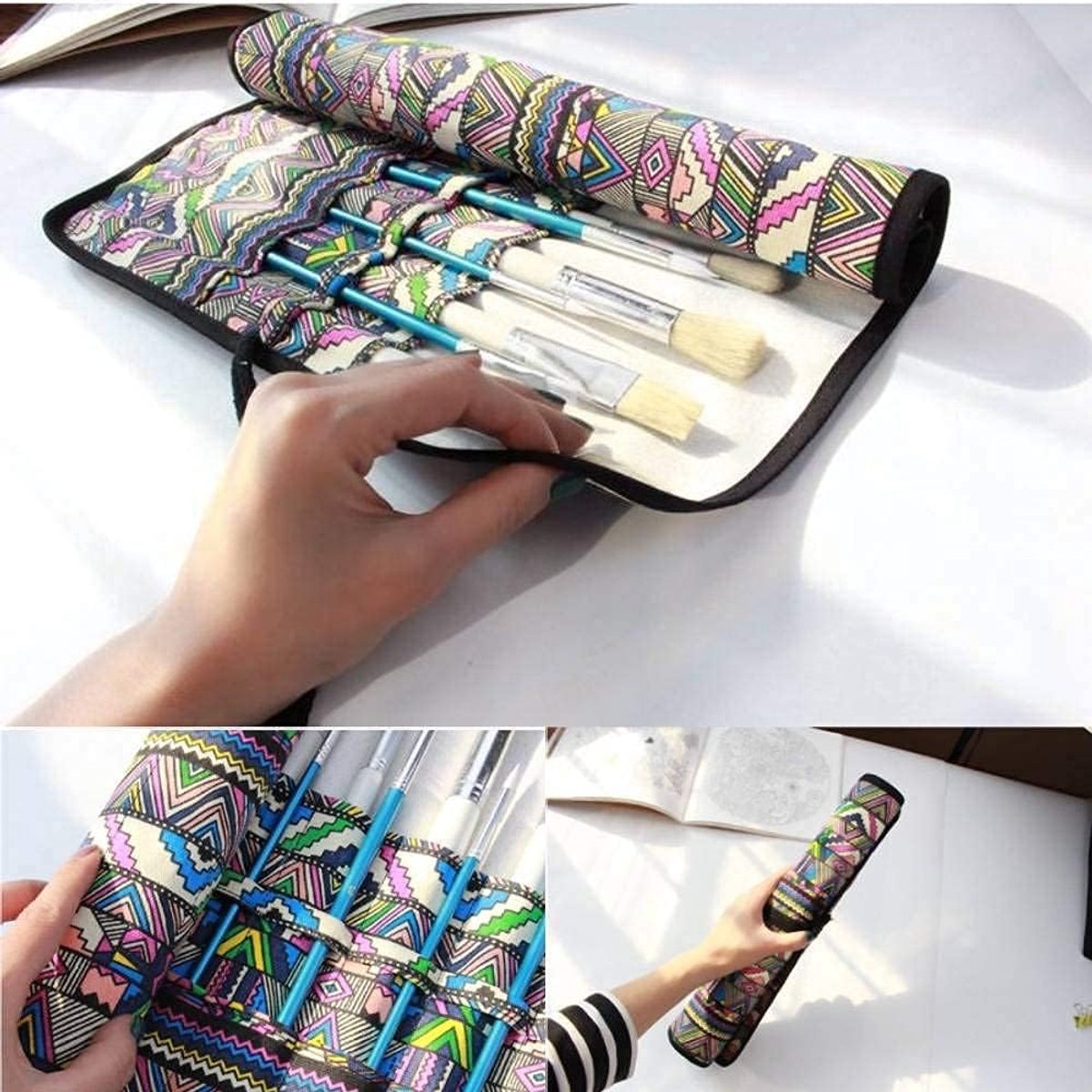 Dailygoods- Kwastenhouder met 20 Compartimenten - Opvouwbaar - Duurzaam Canvas - Rol Ontwerp - Praktische Penseelopslag - Ideaal voor Kunststudenten - Penseelhouder