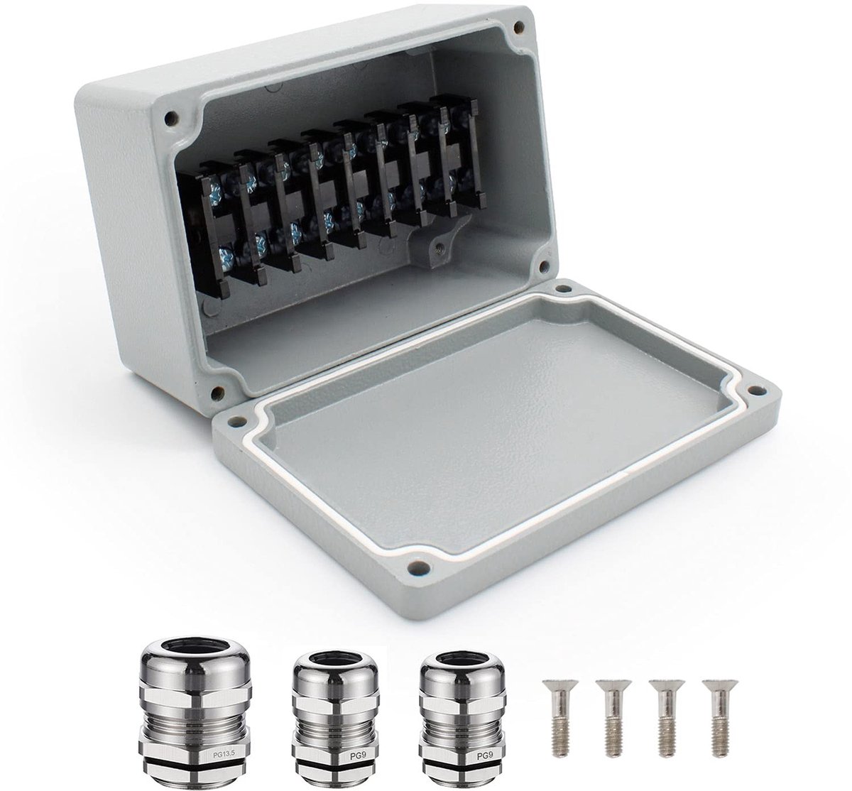 IP66 Aluminum Waterproof Junction Boxes, 1 in 2 out, with Wire Clips, Screws and PG13.5, PG9 Waterproof Connectors - ShopVlot