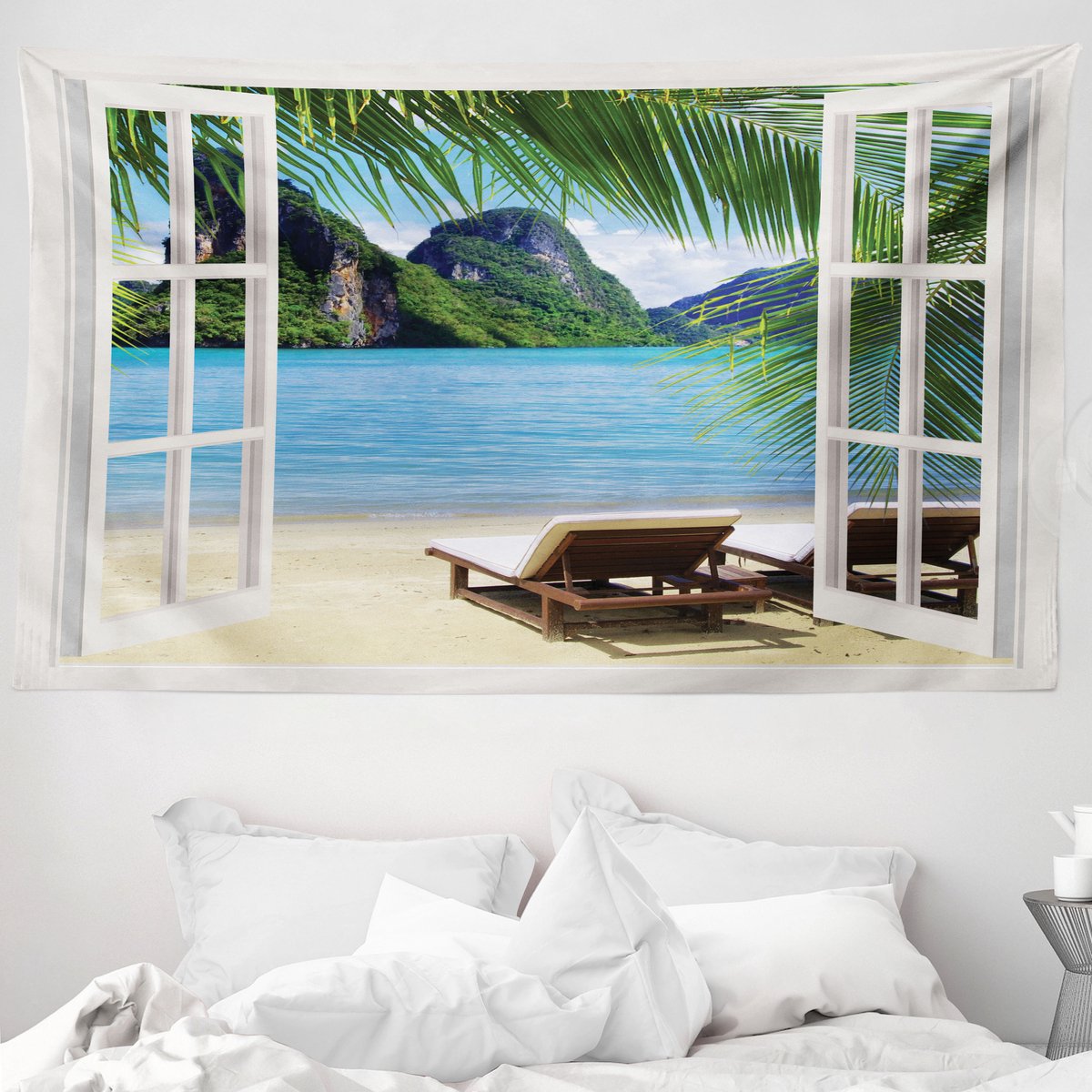 ABAKUHAUS Strand Wandkleed en Bedsprei, Palmbomen en Zee Zomer van Zachte Microvezelstof Wasbaar Kleurvast met Digitale Print, 230 x 140 cm, Groen Wit Blauw