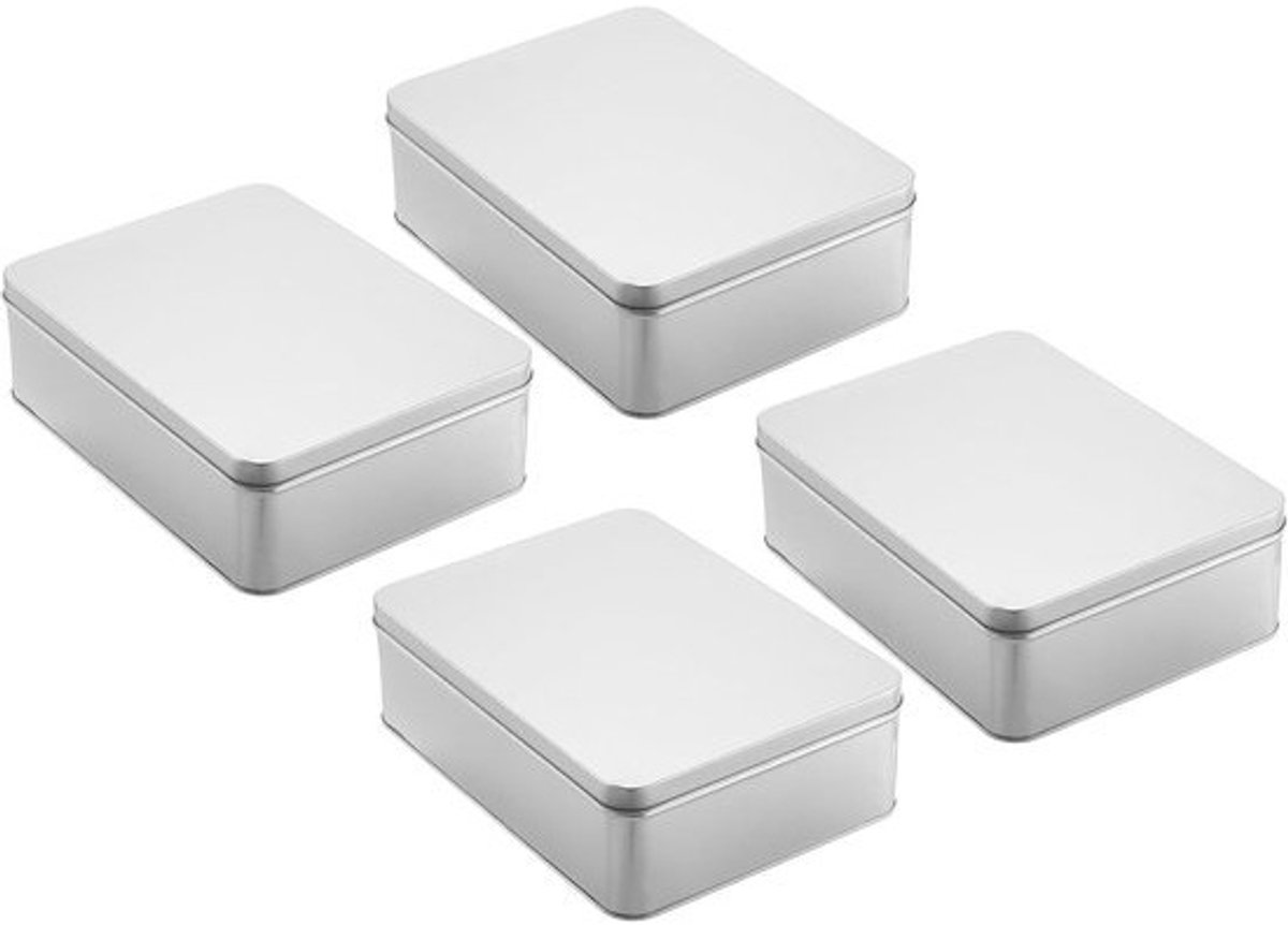 Set van 4 metalen opbergdozen - 20 x 16 x 6.5 cm - zilver, rechthoekig, draagbaar met deksel voor thuisopslag en organisatie
