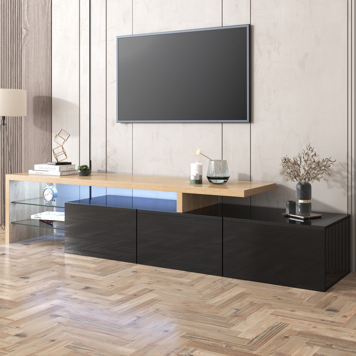 WUVRIE TV-meubel 197,5 x 39 x 42 cm - 3 opbergvakken, glazen planken en 7-kleuren-ledverlichting - Naturel/zwart