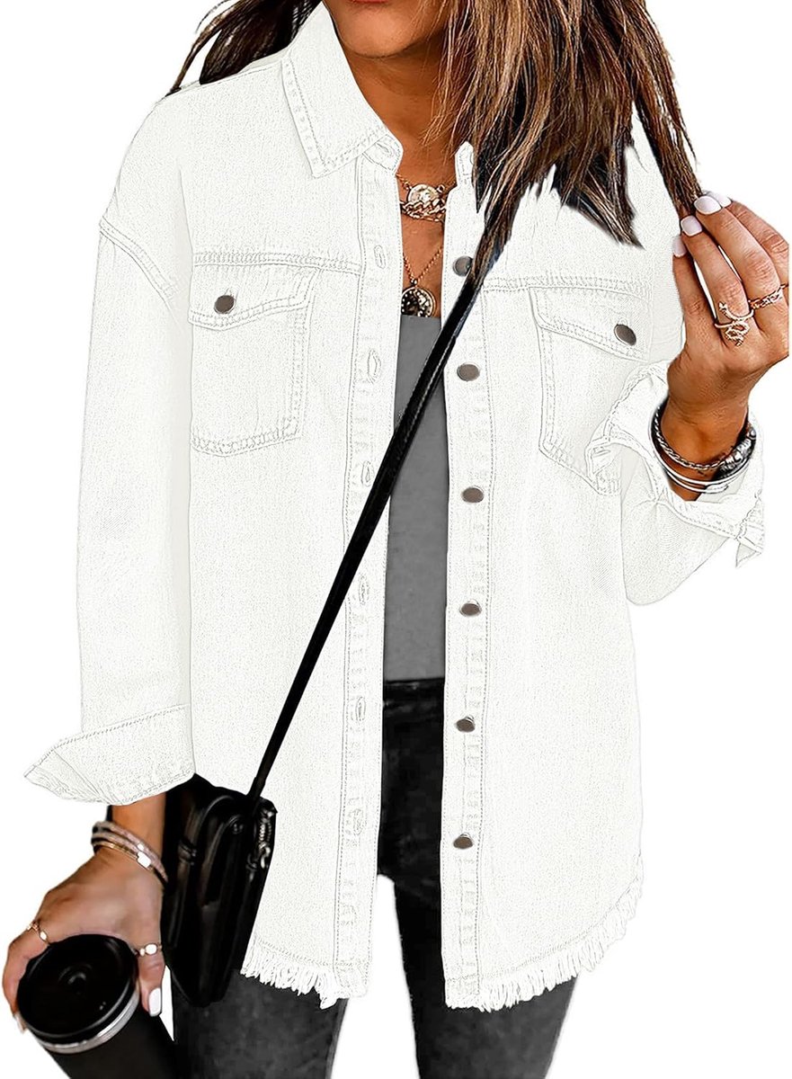 Jeansjas voor dames, oversized, lange mouwen, geribbelde jeansjas met zak, wit, M