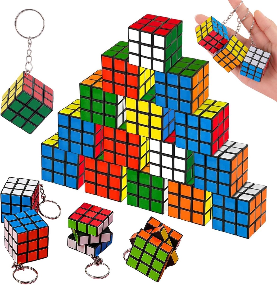 20 stuks mini-toverdobbelstenen, 3 x 3 cm, met sleutelring, toverdobbelstenen, mini-puzzeldobbelstenen, geschikt als cadeau voor verjaardagsfeesten