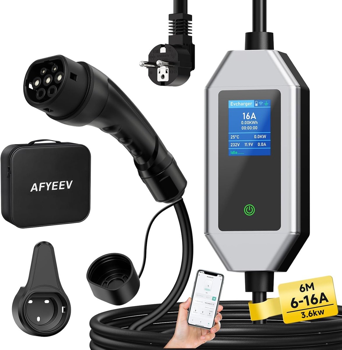 SnelShoppen - Oplaadkabel voor Elektrische Auto Type 2, 6M, 3.68 kW, 6-16 A, 1 Fase, Schuko met Digitale Display, Vertraagd Opladen tot 15 Uur, Aanpas