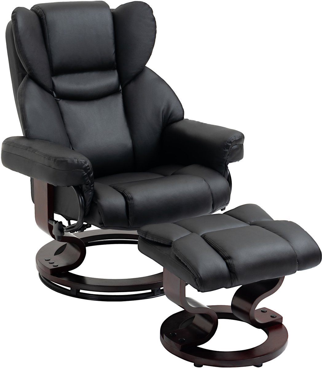 Homona Relaxfauteuil met hocker - 360° draaibaar - Verstelbaar tot 145° - Kunstleer - 80 x 79 x 100 cm - Zwart